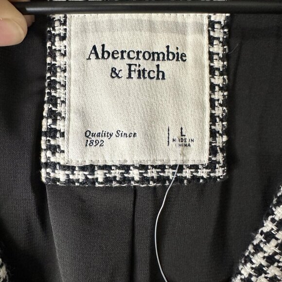 Abercrombie & Fitch Blazer Womens Large Black White Houndstooth Tweed Longline - Picture 2 of 7